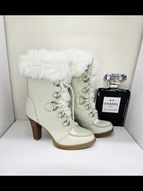 Report Collection Ivory Faux-Fur Lace-Up Heeled Ankle Boots